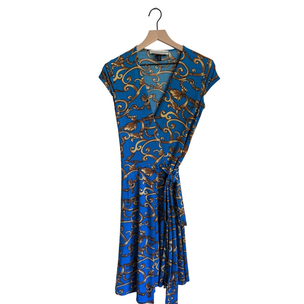 Andrea Behar Boston Proper Vintage Wrap Dress Blue Gold Baroque Scroll 90s Y2K 6